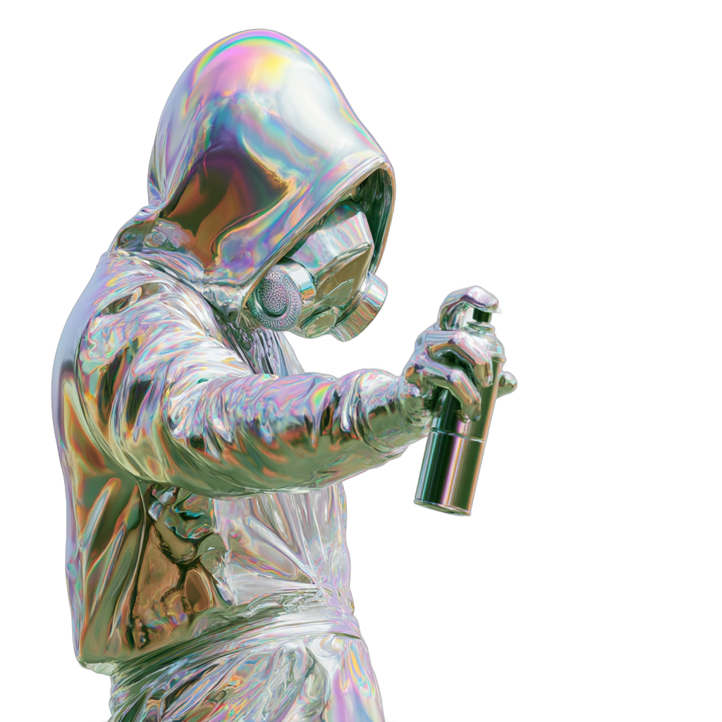 Holographic chrome graffiti artist figure