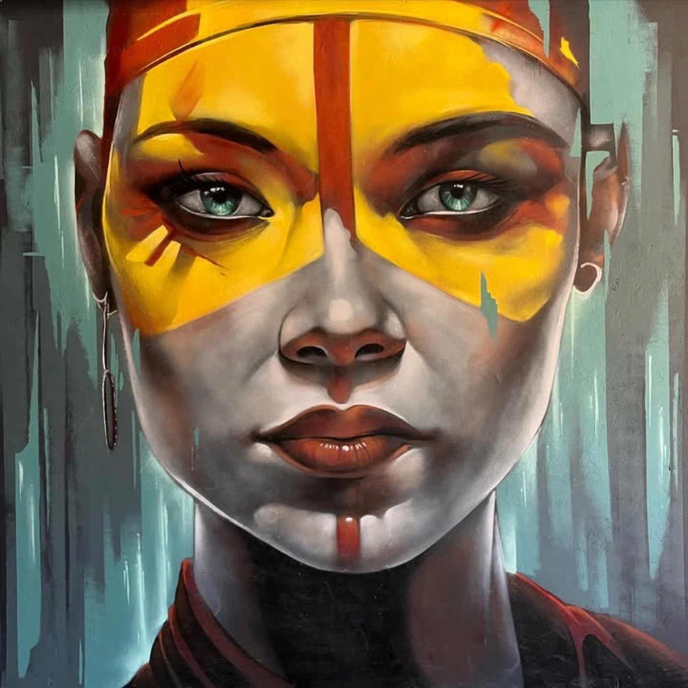 Bold yellow tribal-painted face portrait mural by Top Murals