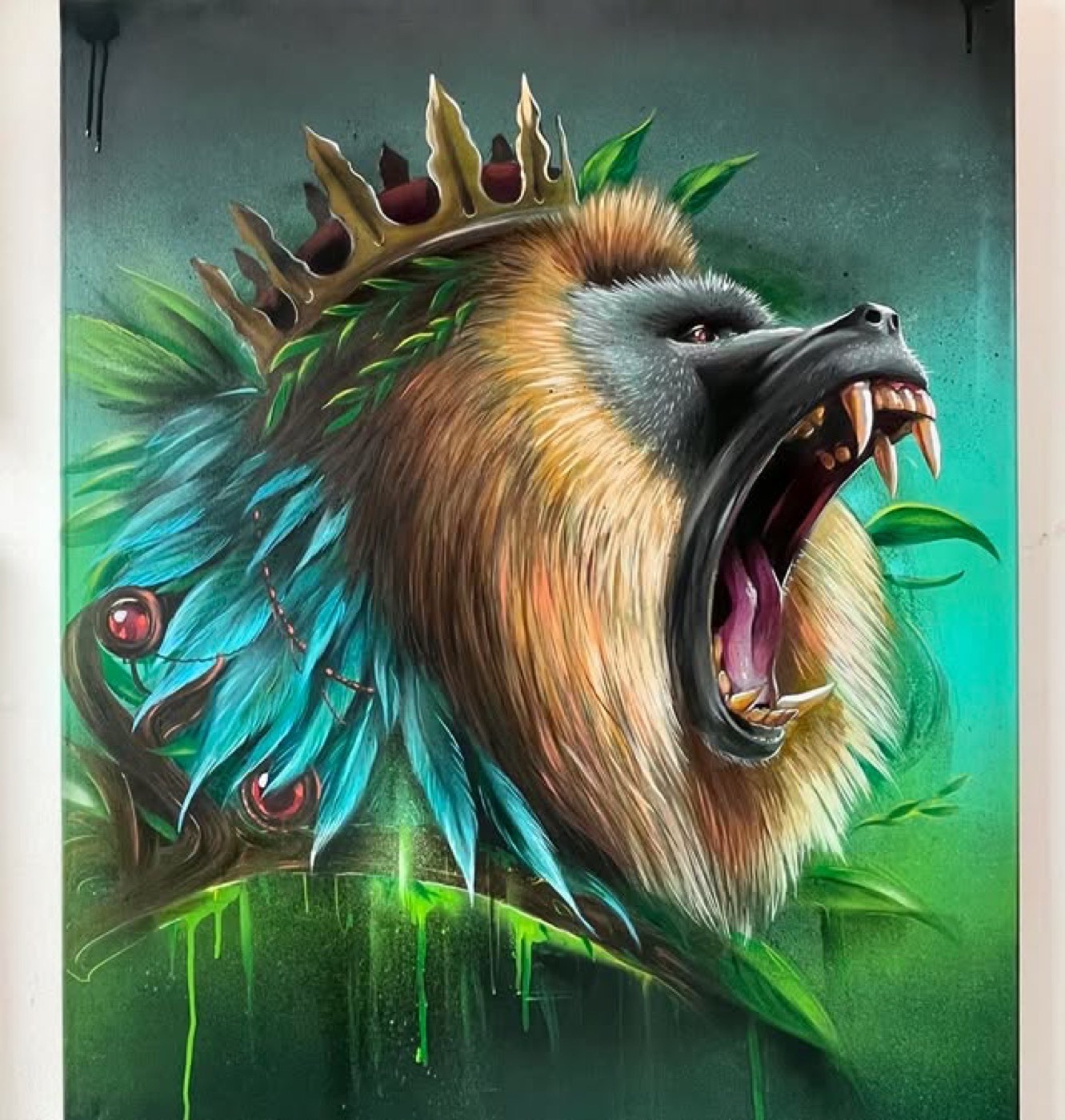 Crowned baboon canvas painting on a green background by Top Murals